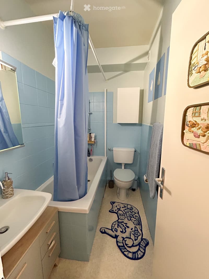 Cozy bathroom with blue tiles, a bathtub, toilet, sink, and a towel on the wall. Features a decorative rug with a cat design on the floor.