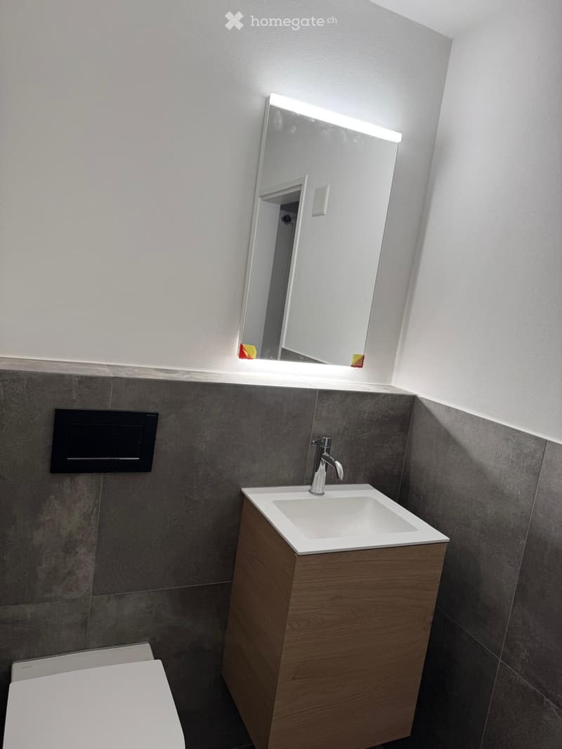Modern bathroom with a wooden sink cabinet, white sink, chrome faucet, large mirror with built-in lighting, and a toilet visible in the background.