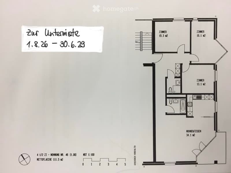 Floor plan of a 4.5-room apartment with living room, kitchen, two bedrooms, and a bathroom.