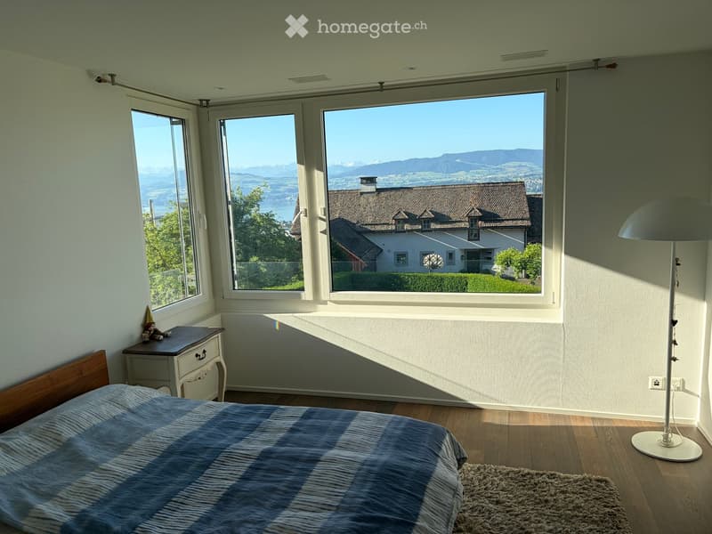 Bright bedroom with large windows offering a scenic mountain view, featuring a bed with blue bedding, a nightstand with a toy, a floor lamp, and a small rug.