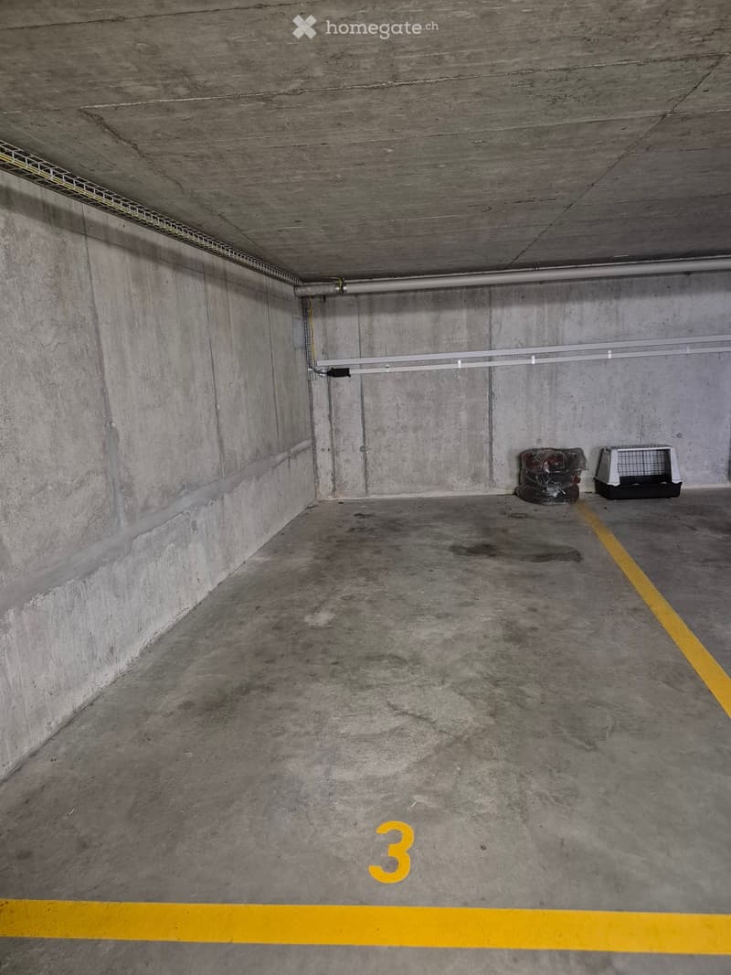 Empty parking space labeled 3, two yellow lines, grey concrete walls, no objects