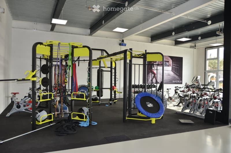 Modern gym with various fitness equipment including weight racks, treadmills, elliptical machines, resistance bands, a boxing bag, dumbbells, and a fitness mat.