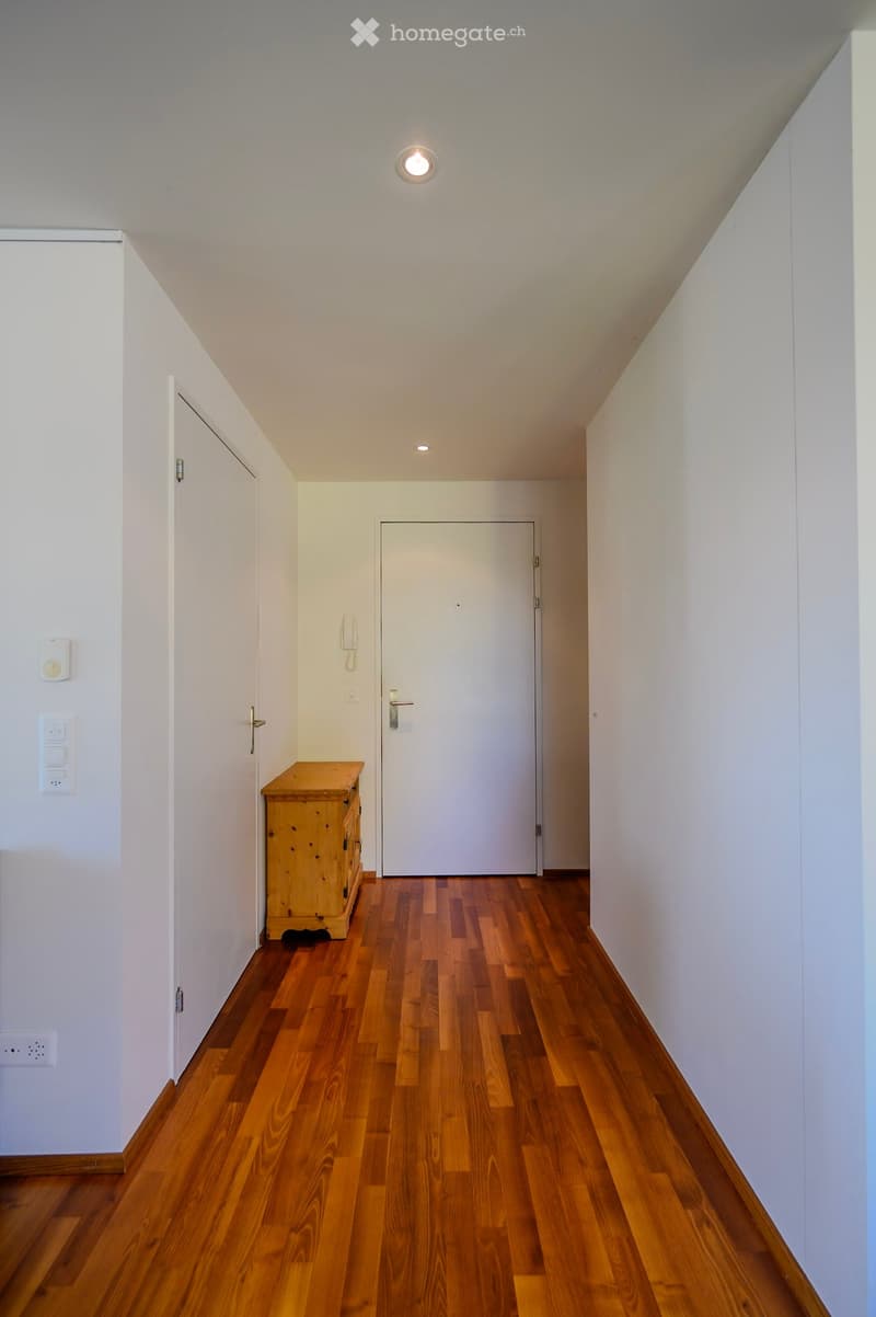 A narrow hallway with wooden flooring, white walls, and a small wooden cabinet on the left side. There is a closed door at the end of the hallway.