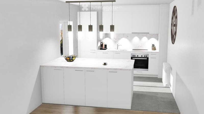 Modern kitchen with white cabinets, a central island, and stainless steel appliances. Features include pendant lights, a coffee maker, and a knife block.