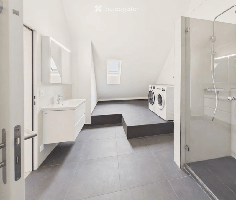 Modern bathroom with a white sink, mirror, washing machine, and a glass-enclosed shower area.