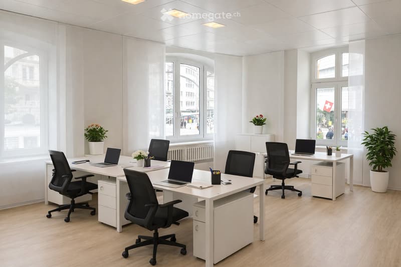 Bright, modern office space with white desks, black office chairs, laptops, and potted plants. Large windows provide natural light, and the floor is light wood.