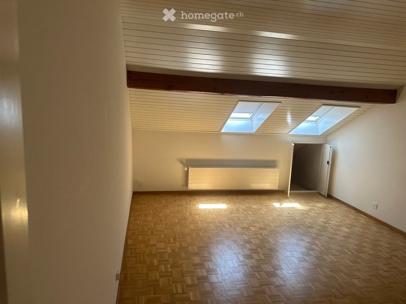 Empty room with wooden herringbone flooring, white walls, and two skylights in the ceiling. A radiator is mounted on one wall, and a doorway leads to another space.