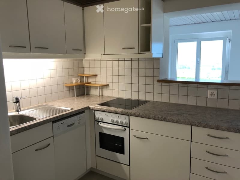 modern kitchen, white cabinetry, granite countertop, integrated oven and stove, dishwasher, sink, electrical outlet