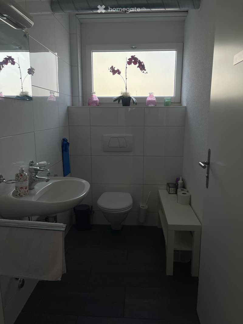 Modern bathroom with white tiles, a sink, toilet, and a small shelf holding toiletries and a flower vase on the windowsill.