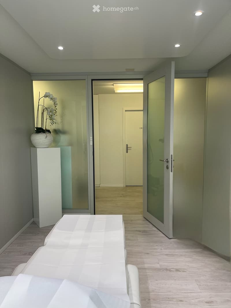 Modern hallway with wooden flooring, recessed lighting, glass-paneled doors, and a small white cabinet with a decorative vase.