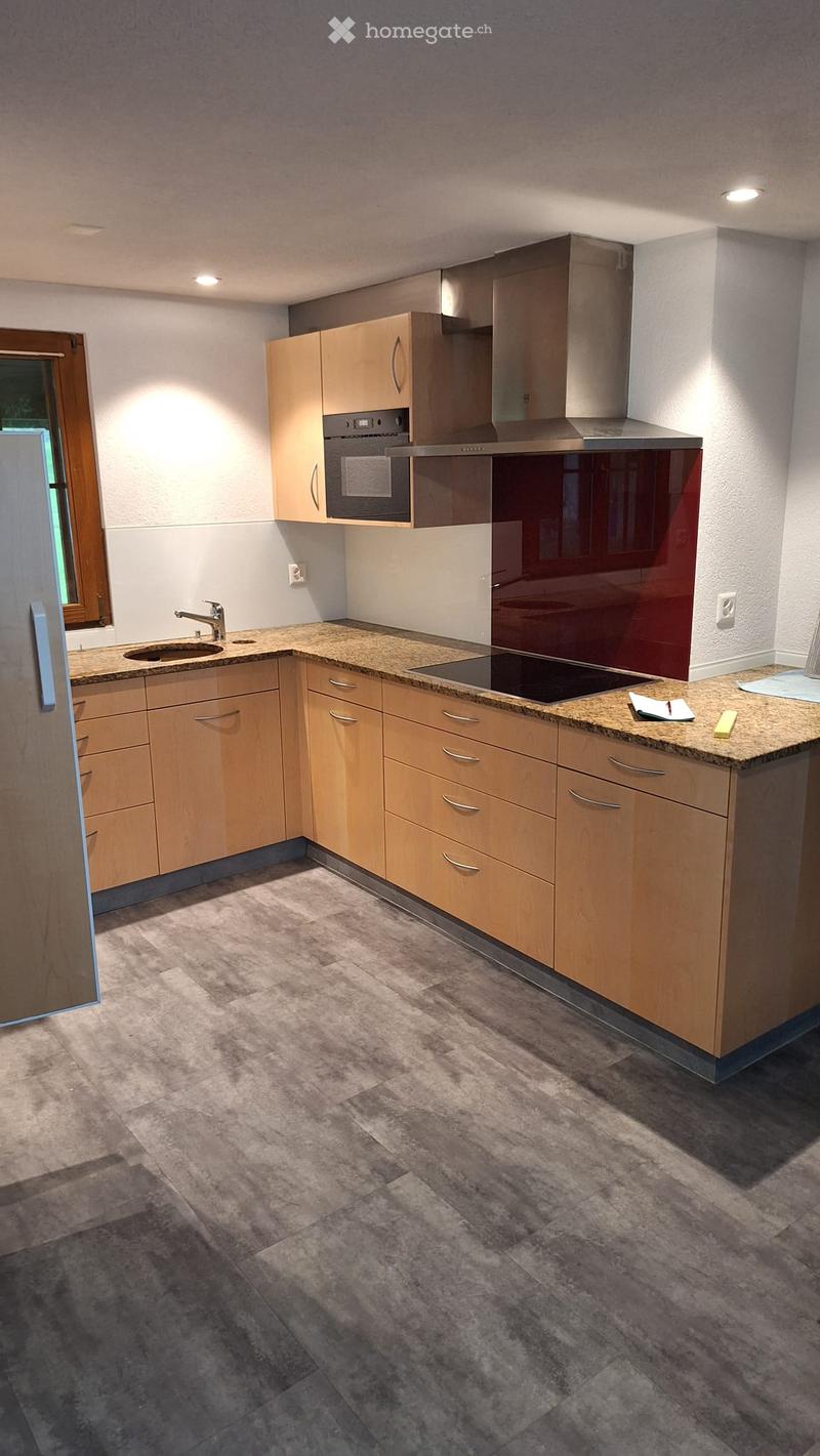 Modern kitchen with light wooden cabinets, granite countertop, stainless steel appliances, and a built-in induction cooktop.