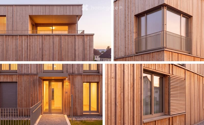 Modern two-story house with wooden cladding, large windows, and balconies.