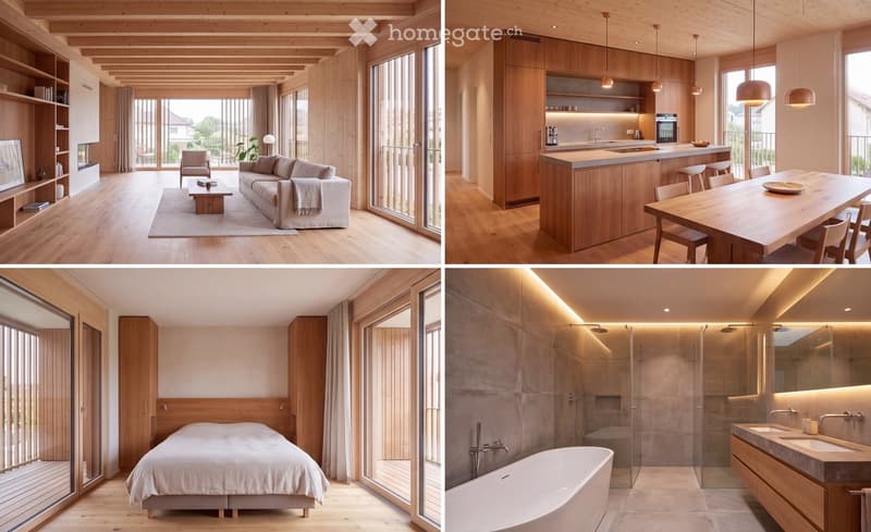 Four images showcasing a modern, minimalist house with wooden interiors, featuring a living room, kitchen, bedroom, and bathroom. The living room has a sofa, coffee table, and large windows. The kitchen includes a wooden island, bar stools, and pendant li