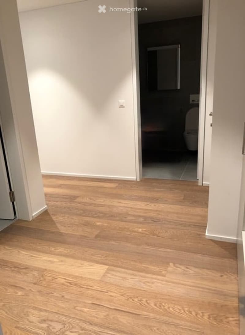 Empty hallway with light wooden flooring and white walls, leading to a dark bathroom with a toilet visible in the background.