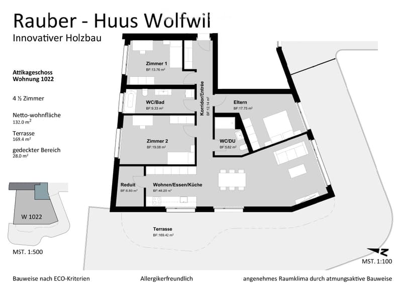 Floor plan of a 4-room apartment with living/dining/kitchen area, two bedrooms, bathroom, and terrace.