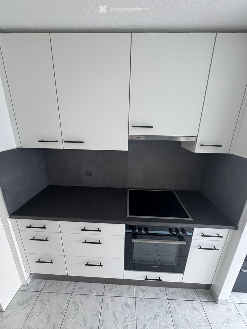 Modern kitchen with white cabinets, black countertops, and built-in appliances including an oven and induction cooktop.