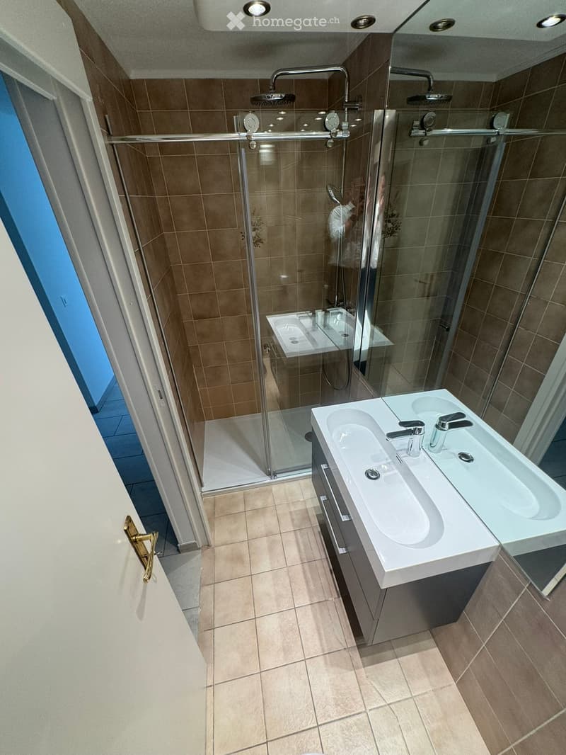Modern bathroom with a double sink, sleek faucet, glass-enclosed shower, and tiled walls and floor.