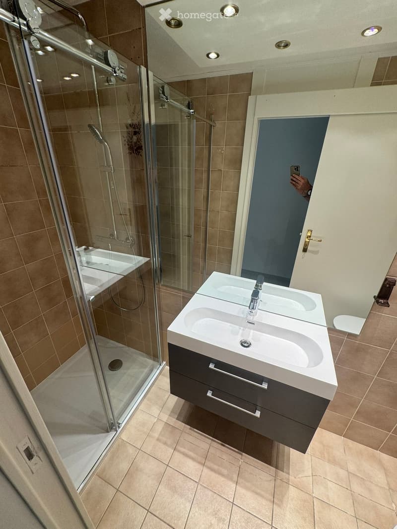 Modern bathroom with a glass-enclosed shower, double sink vanity with dark cabinets, and a toilet visible in the background.