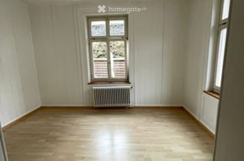 Completely empty room with wooden flooring, white walls, and two windows with radiators below them.