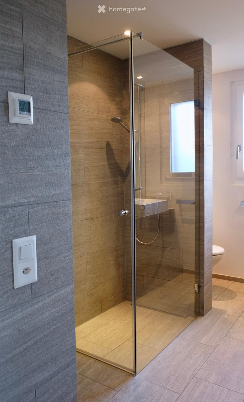 Modern bathroom with a glass-enclosed shower, wooden tiles, and a sleek sink. The shower features a handheld sprayer and a built-in seat. The walls are tiled in a combination of grey and wood tones.