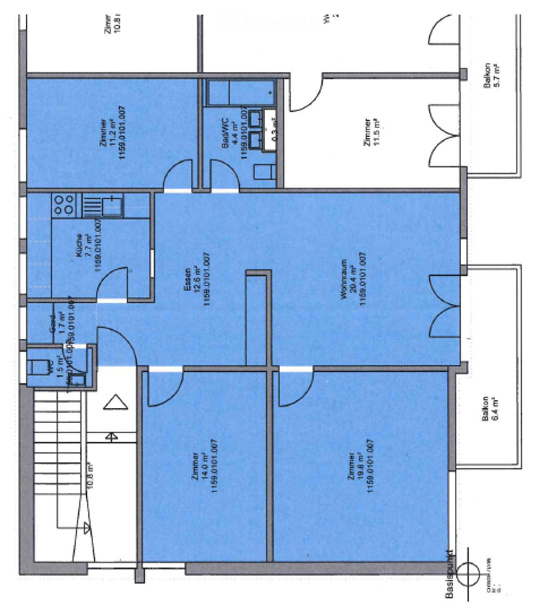 Floor plan of a residential space with multiple rooms including a living room, dining area, kitchen, bedrooms, and bathrooms.
