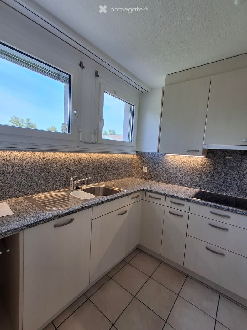 Modern kitchen with white cabinets, granite countertop, stainless steel sink, and built-in lighting above the counter.