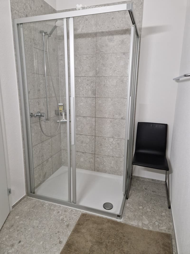 Modern bathroom with a glass-enclosed shower stall, tiled walls, a black chair, and a brown bathroom mat on the floor.
