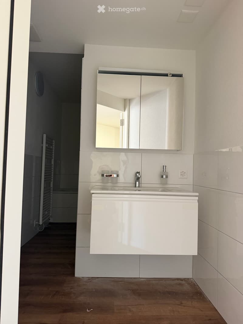 Modern bathroom with white tiled walls, a white sink cabinet, a large mirror, and a faucet. The floor is wooden.