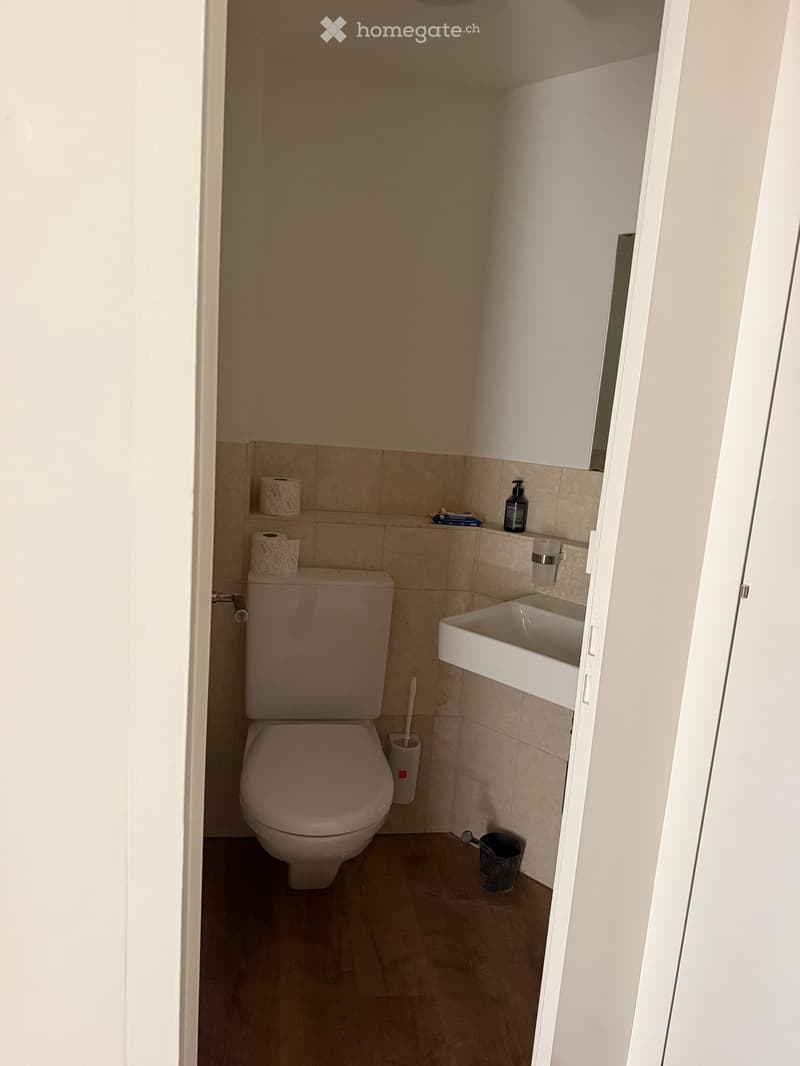 Compact bathroom with a toilet, sink, toilet paper, and a small cup on the shelf.