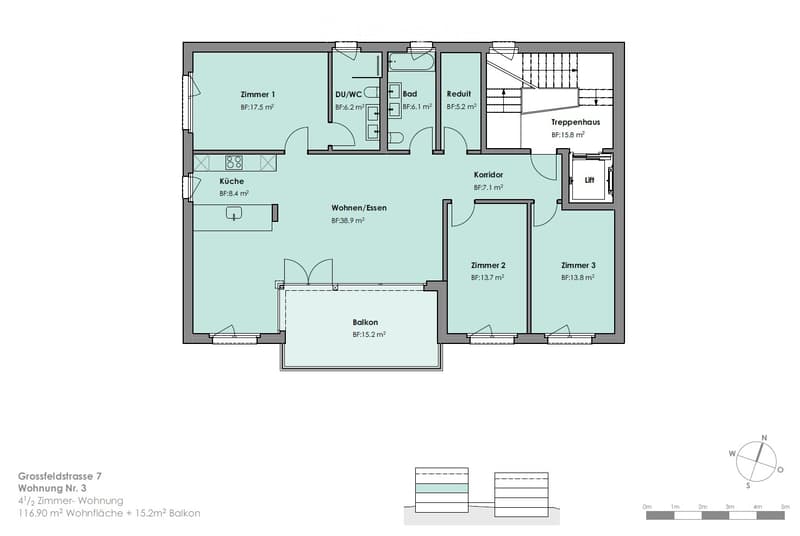 Floor plan of a 4.5-room apartment with a living/dining area, kitchen, three bedrooms, bathroom, hallway, staircase, and balcony.