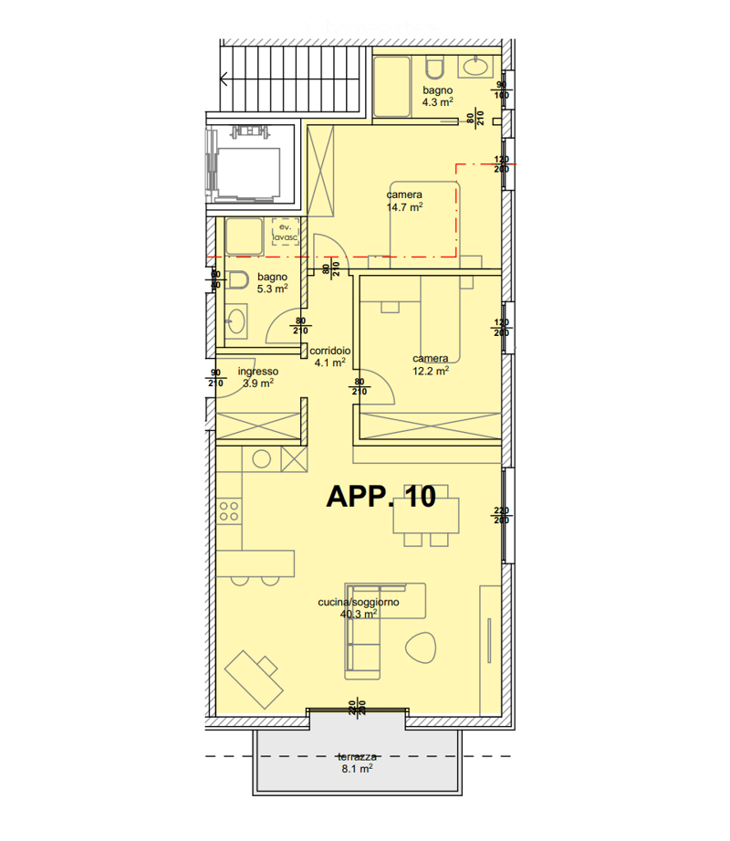 Floor plan of a 4-room apartment with a kitchen/living area, two bedrooms, two bathrooms, a corridor, and a terrace.
