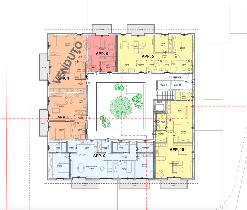 Floor plan showing multiple apartments (APP. 5 to APP. 10) with rooms including living spaces, bedrooms, bathrooms, kitchens, and terraces.