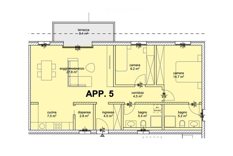 Floor plan of apartment 5, including living/dining area, kitchen, two bedrooms, two bathrooms, hallway, and a terrace.