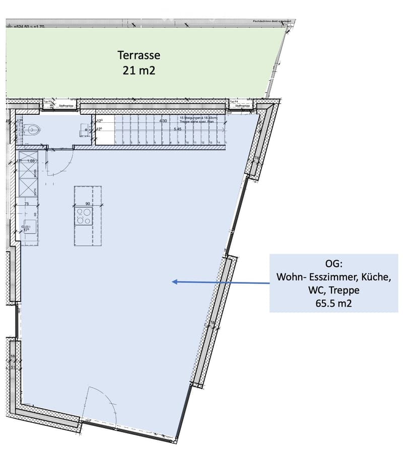 Floor plan showing a ground floor with living-dining room, kitchen, WC, and staircase, and a terrace of 21 m².