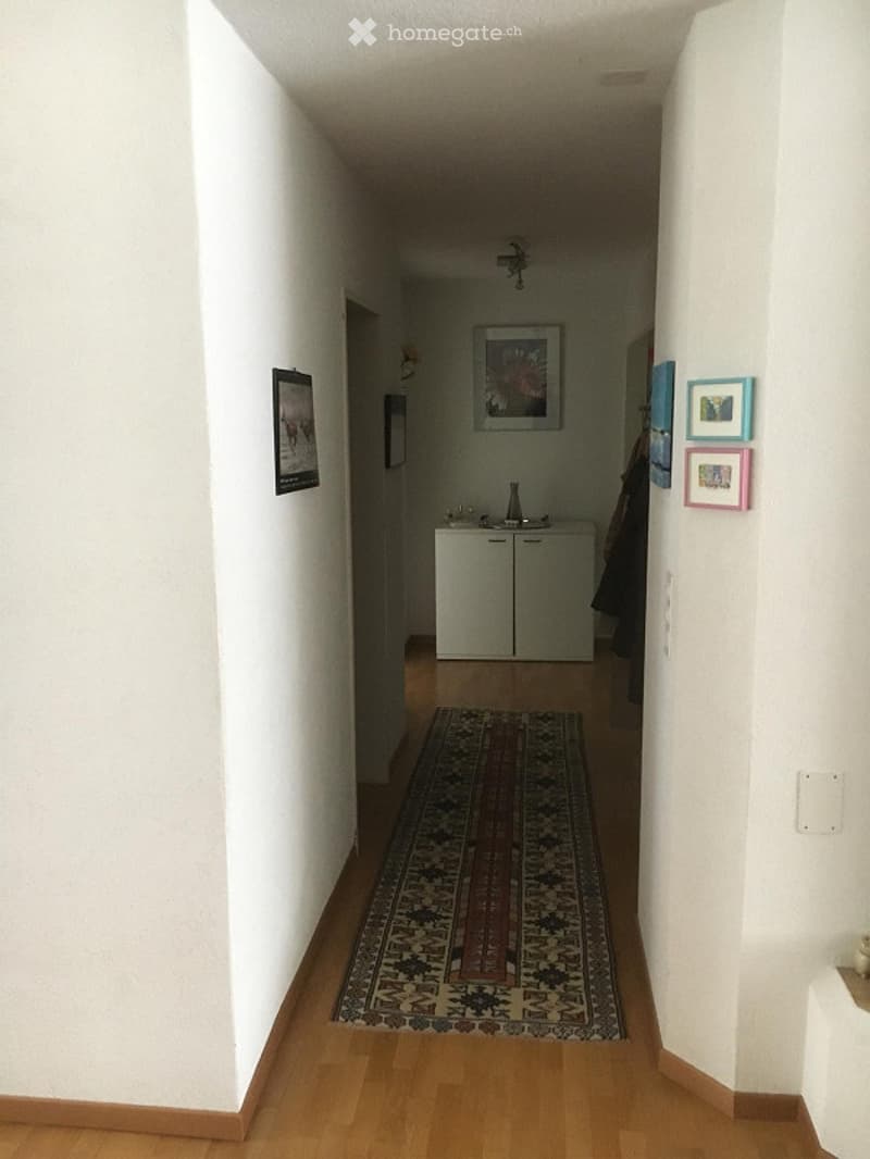 A narrow hallway with light-colored walls, wooden flooring, and a patterned rug. There are framed pictures on the walls and a small cabinet at the end of the hallway.