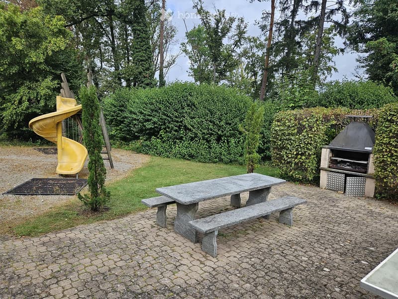 Outdoor area with a stone picnic table and benches, a yellow slide, a barbecue, and surrounding greenery.