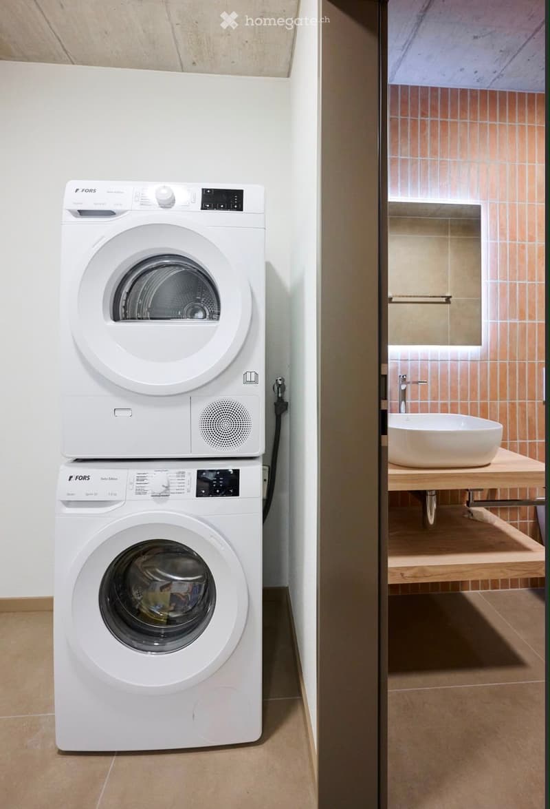 Modern bathroom with a sleek sink, faucet, and a stacked washing machine and dryer unit.