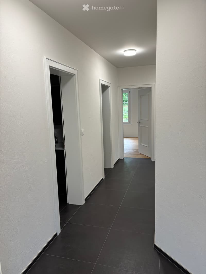 A clean, modern hallway with white walls, black tiled flooring, and several doors leading to other rooms.