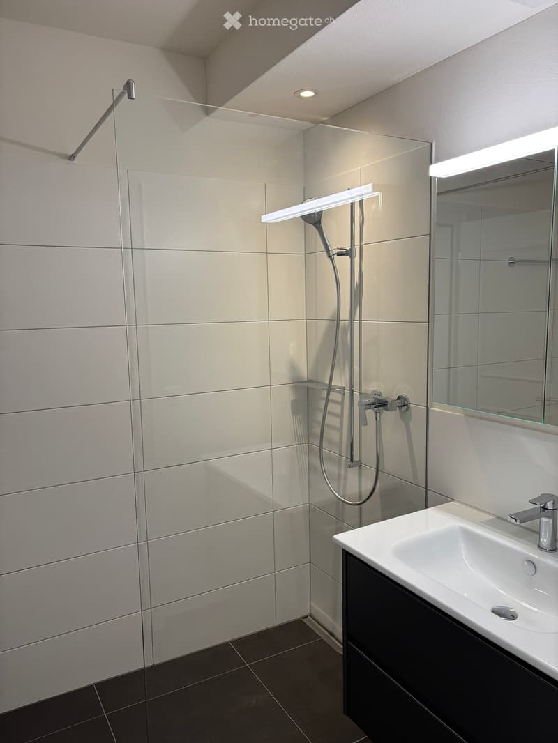 Modern bathroom with a white tiled shower area, a sleek sink with a chrome faucet, and a large mirror with built-in lighting.