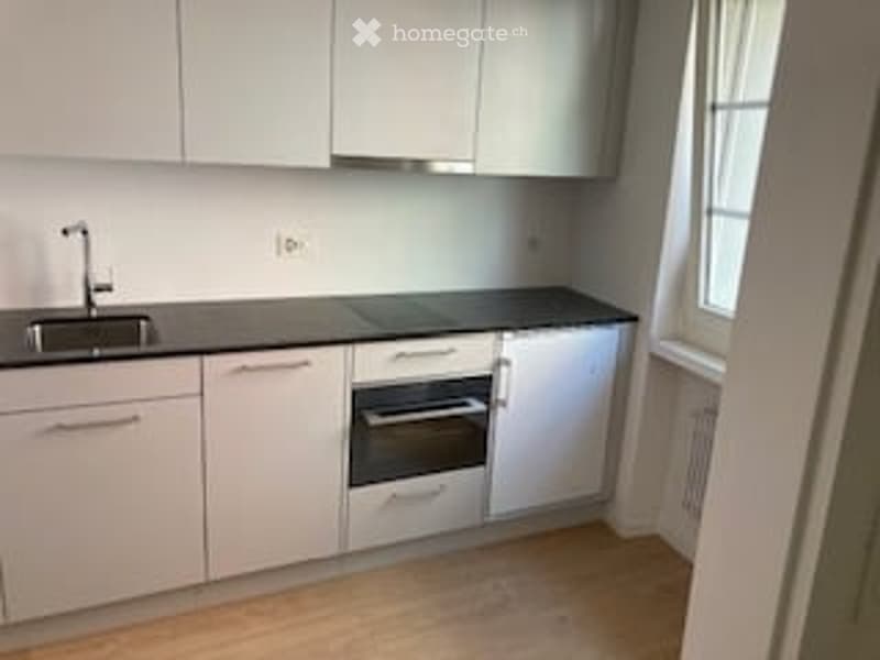 Modern kitchen with white cabinets, black countertop, and wooden flooring.