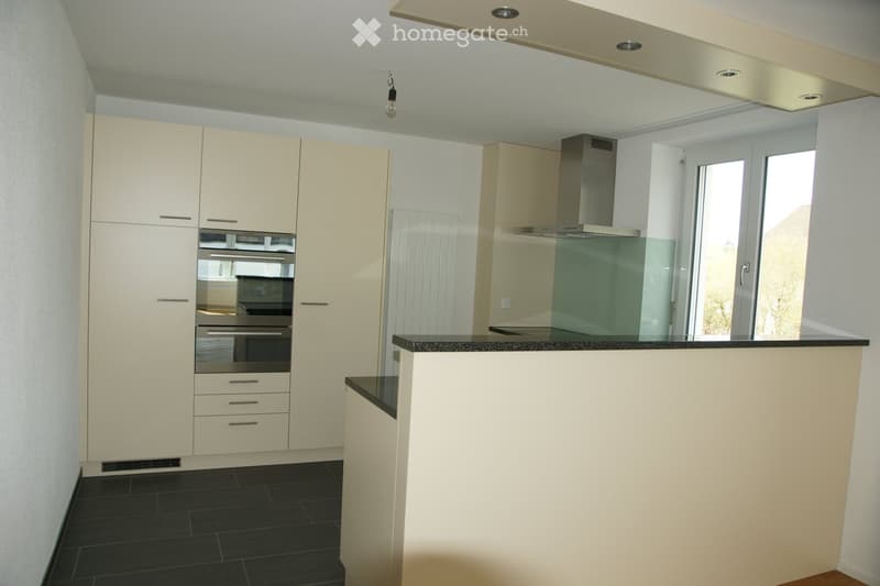 Modern kitchen with light-colored cabinets, stainless steel oven, range hood, and black countertop.