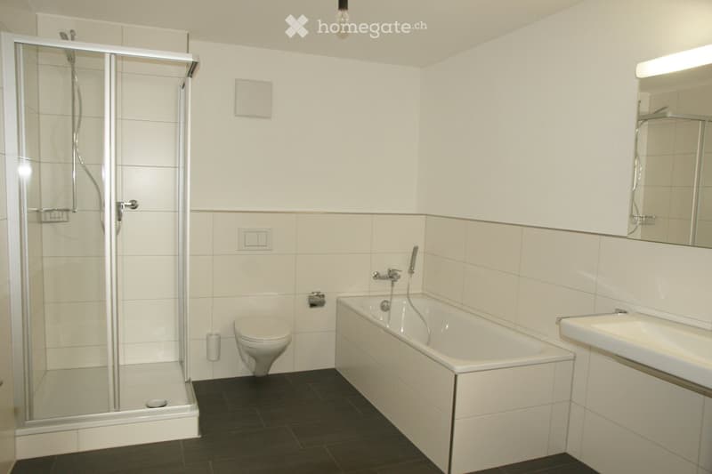 Modern bathroom with white tiles, a bathtub, toilet, sink, and a glass-enclosed shower. Features a large mirror above the sink and a dark tiled floor.