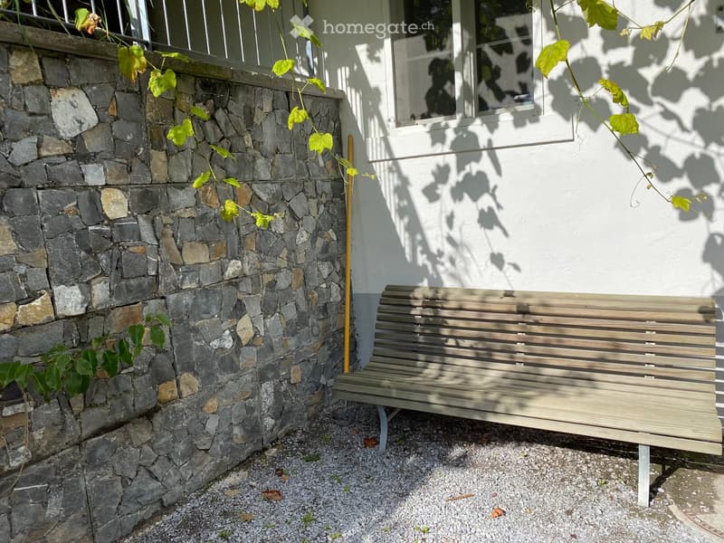 A wooden bench sits on a gravel surface next to a stone wall with climbing vines, with a window and white wall in the background.