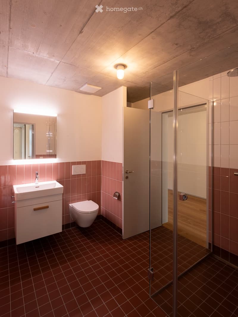 Modern bathroom with pink tiles, a white sink, a toilet, a glass-enclosed shower, and a mirror with built-in lighting.