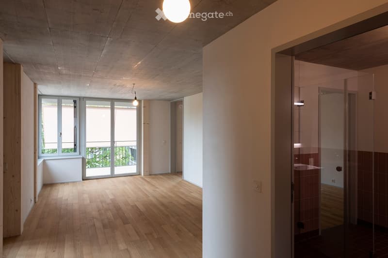 Modern hallway with wooden flooring, large windows, and a glass shower enclosure visible at the end.