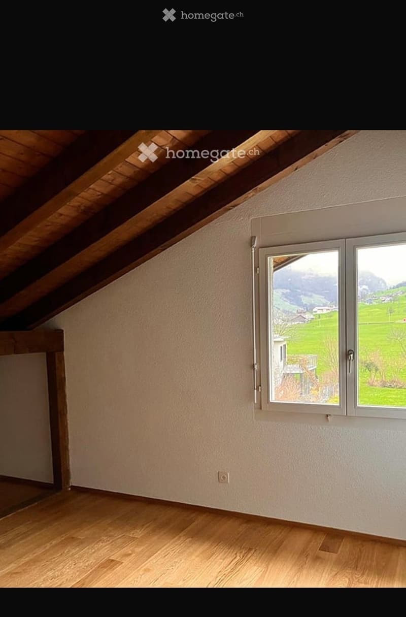 Empty attic room with wooden floor, slanted wooden ceiling, and large window offering a scenic view of green fields and mountains.