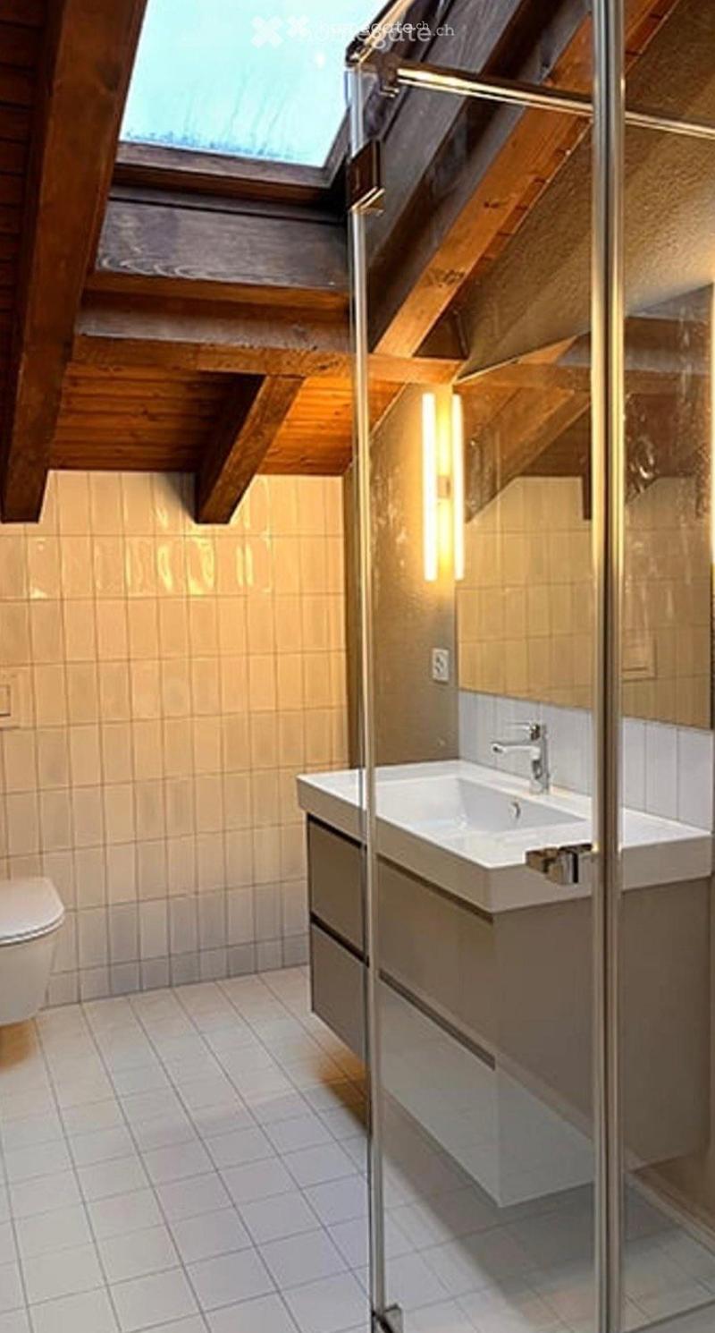 Modern bathroom with a white sink, chrome faucet, toilet, and a glass-enclosed shower area. The room features wooden beams on the ceiling and a skylight window providing natural light.