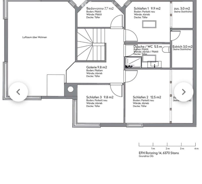 Floor plan of a residential unit with four bedrooms, a bathroom, a gallery, and a hallway.