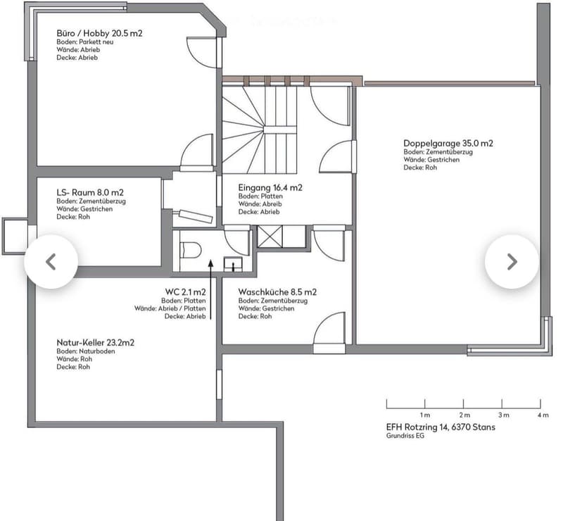Ground floor plan showing a double garage, entrance, wash kitchen, WC, natural basement, hobby room, and living space.