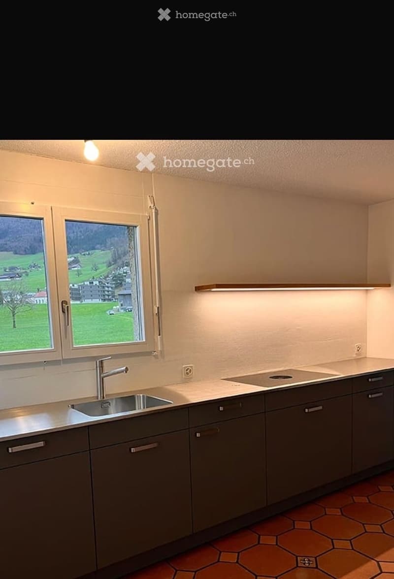 Modern kitchen with grey cabinets, white countertops, a stainless steel sink, and an induction cooktop. Large windows offer a scenic view of a green landscape.